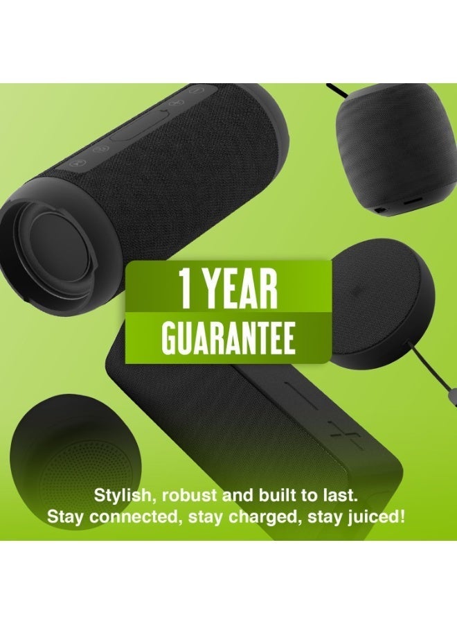 جوس مكبر الصوت المحمول JUICE Boom 360 بتقنية البلوتوث بقدرة 5 واط، متوافق مع الهواتف الذكية والأجهزة اللوحية وأجهزة MP3، مقاوم للرذاذ بمعيار IPX4، مع نطاق بلوتوث يصل إلى 10 أمتار، باللون الأسود. - Image 5